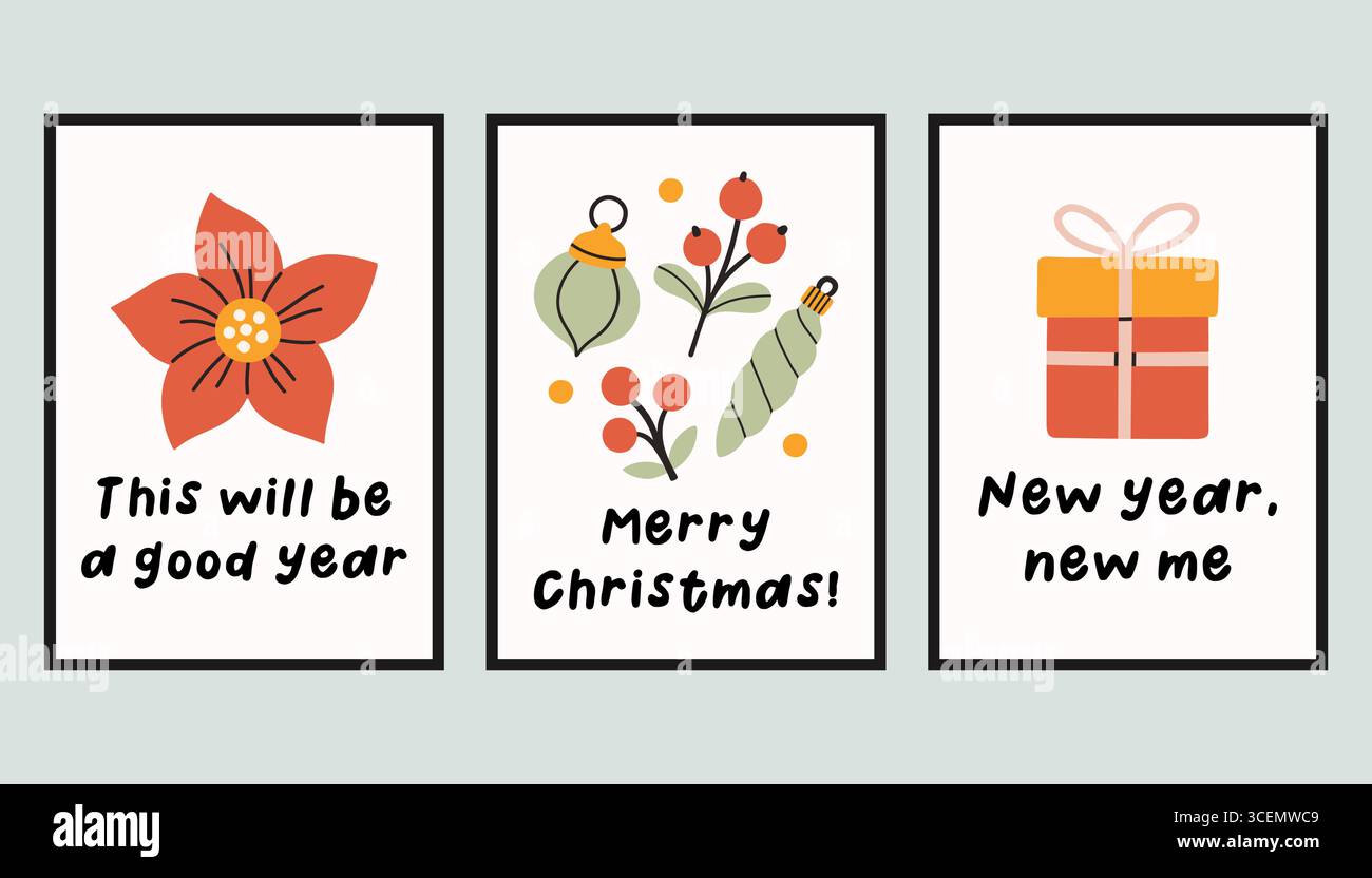 Sammlung von drei einfachen Neujahrs- und Weihnachtsplakaten. Trendige Winter Vektor Poster Set mit Zitaten. Handgezeichnete Kuschelplakate für Wohnkultur Stock Vektor