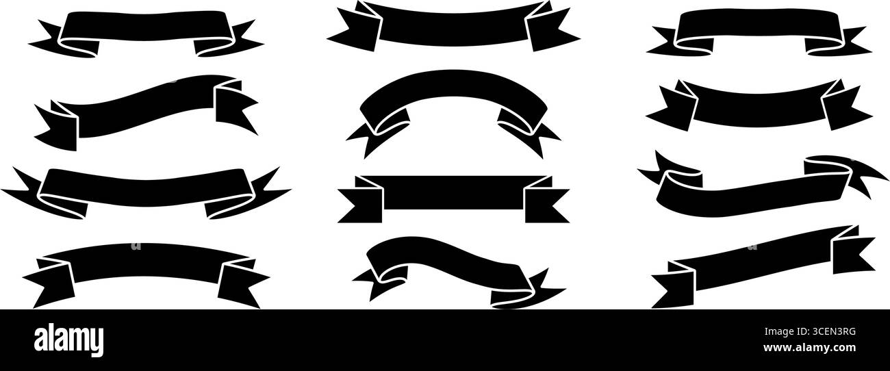 Schwarzes Bannerset. Vintage wellige Label-Element-Kollektion für grafische Designvorlagen. Gebogene und gebogene Bänder im Retro-Look für Emblem, Aufkleber, Werbung, Poster, Tag, Promotion, Rahmen. Vektor Stock Vektor