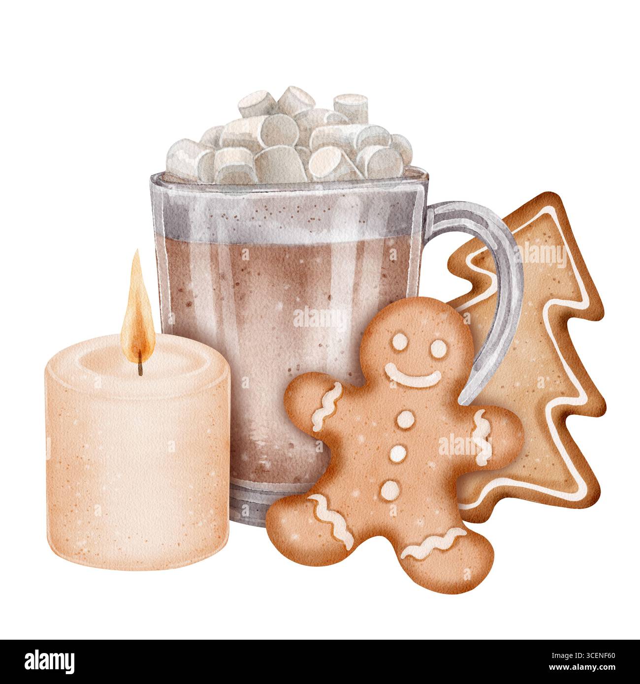 Eine Aquarellillustration einer gemütlichen Winterkomposition: Eine Tasse Kakao mit Marshmallows, eine beleuchtete Kerze und Lebkuchenkekse in Form eines Mannes und Stockfoto