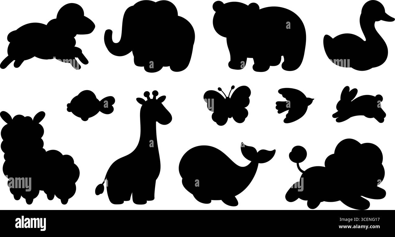 Tierische schwarze Silhouetten. Vorlagen für isolierte Tiere für Wandaufkleber, Design. Giraffe Elefant Schafe Bär Schwan Fisch Schmetterling. Dekorationsvektor Stock Vektor