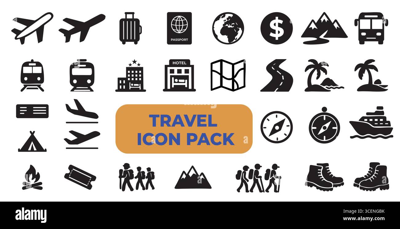 Reise Tourismus Urlaub Black Vector Icon Pack Stock Vektor