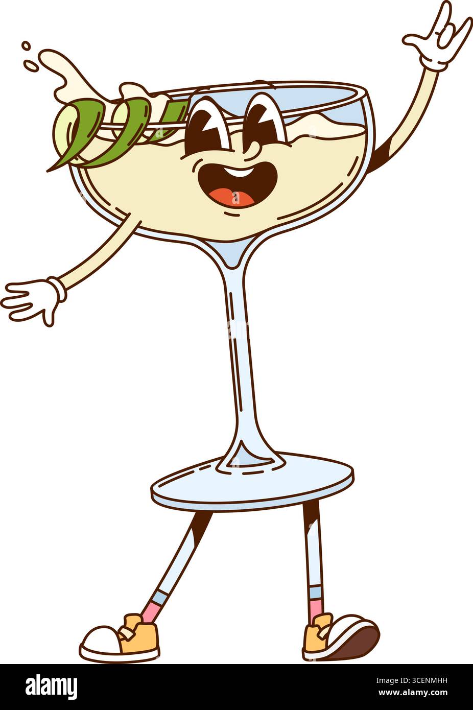 Daiquiri Cocktail Drink Vintage groovige Charakter. Nachtclub tropisches Getränk glücklicher funky 60er Jahre Vektor Charakter, frisches Getränk nettes Maskottchen. Alkohol Cocktail fröhliche Persönlichkeit mit Zitronenschalen Spirale Stock Vektor