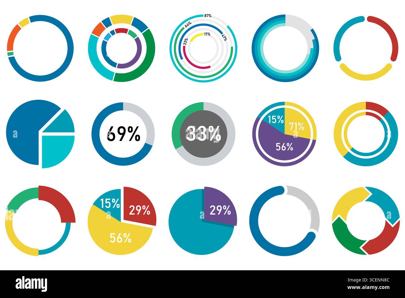 Set aus farbenfrohen Kreis- und Ringdiagrammen in flacher Form für Infografiken und Präsentationen. Donut Chart Pack. Bunte Tortendiagramme. Kreisdatenvisualisierungen. Infografik-Vorlagen. Statistische UI-Elemente. Stock Vektor