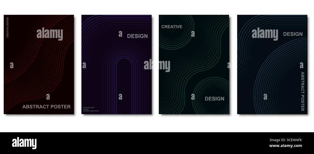 Sammlung abstrakter Posterdesigns mit geschwungenen Neonlinien auf dunklem Hintergrund. Set aus minimalen geometrischen Postern mit roten, lila, blaugrünen und blauen Linien im futuristischen Stil. Moderne abstrakte Hintergründe für Poster oder Cover mit glatten, linearen Wellen- und Bogenmustern. Stock Vektor