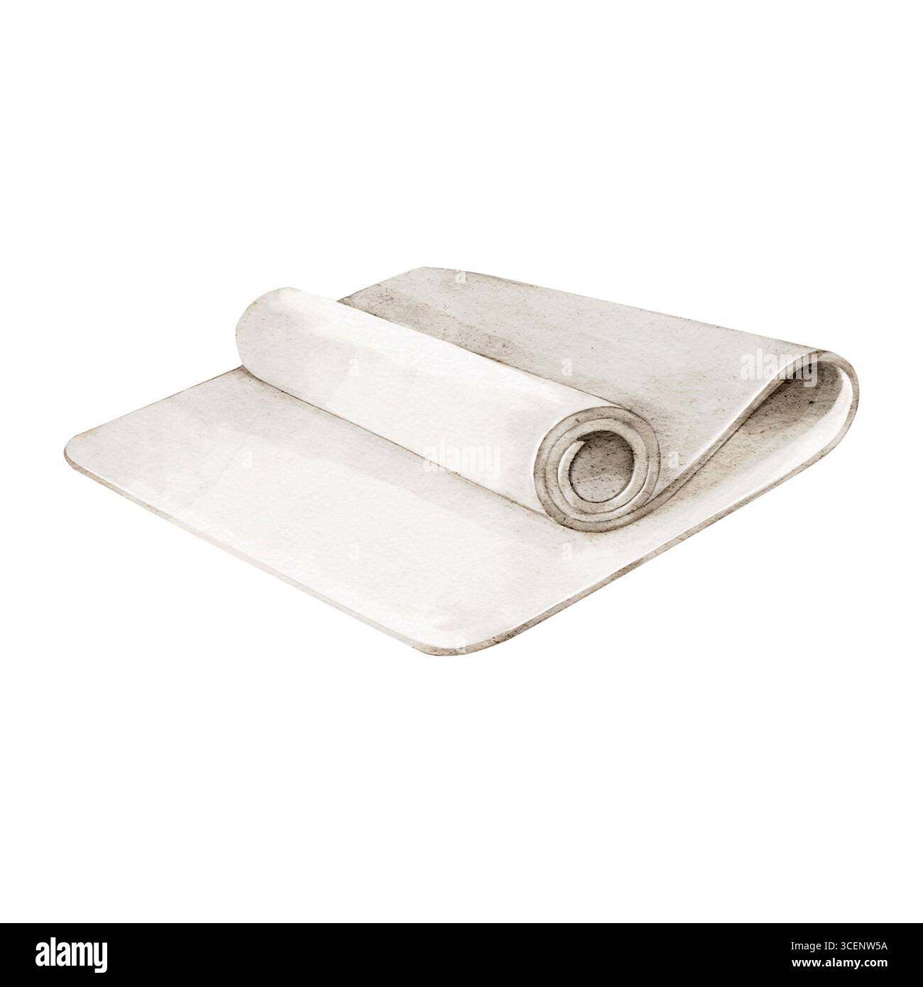 Aquarell gerollte Yogamatte in sanften neutralen Tönen. Isoliertes, handgezeichnetes Clipart für Fitness, Yoga, Meditation, Wellness-Branding, Journaling, Planer, Stockfoto