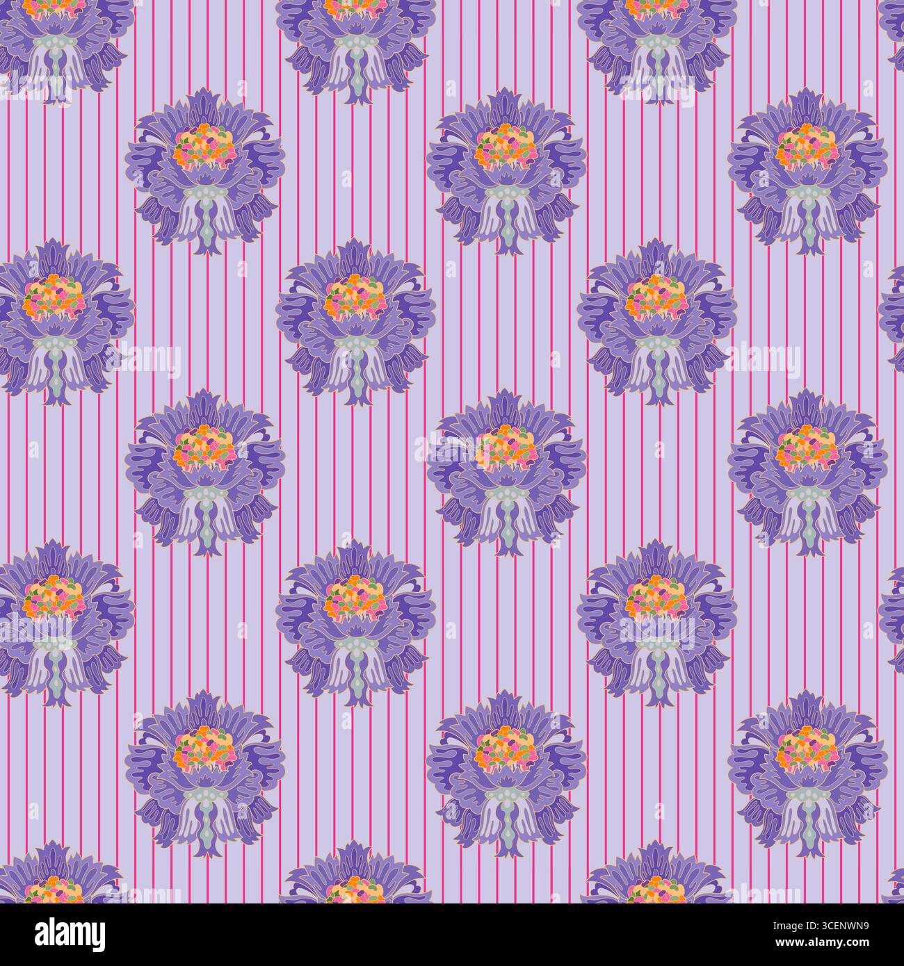 Vertikales Streifenmuster In Violett Mit Blumenmotiv Stock Vektor