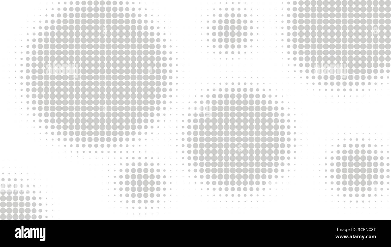 Überlagerungseffekt mit Kreisen im Halbtonstil. Abstrakte Vorlage mit grauen Kreisen. Universeller horizontaler Begrüßungsbildschirm, Vektorgrafiken Stock Vektor