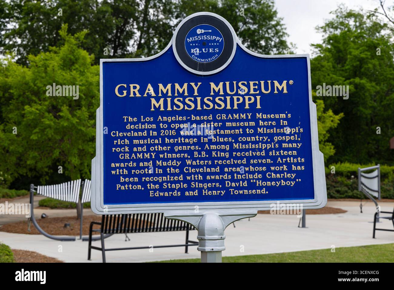 Historischer Marker für das GRAMMY Museum Mississippi, Cleveland, USA Stockfoto