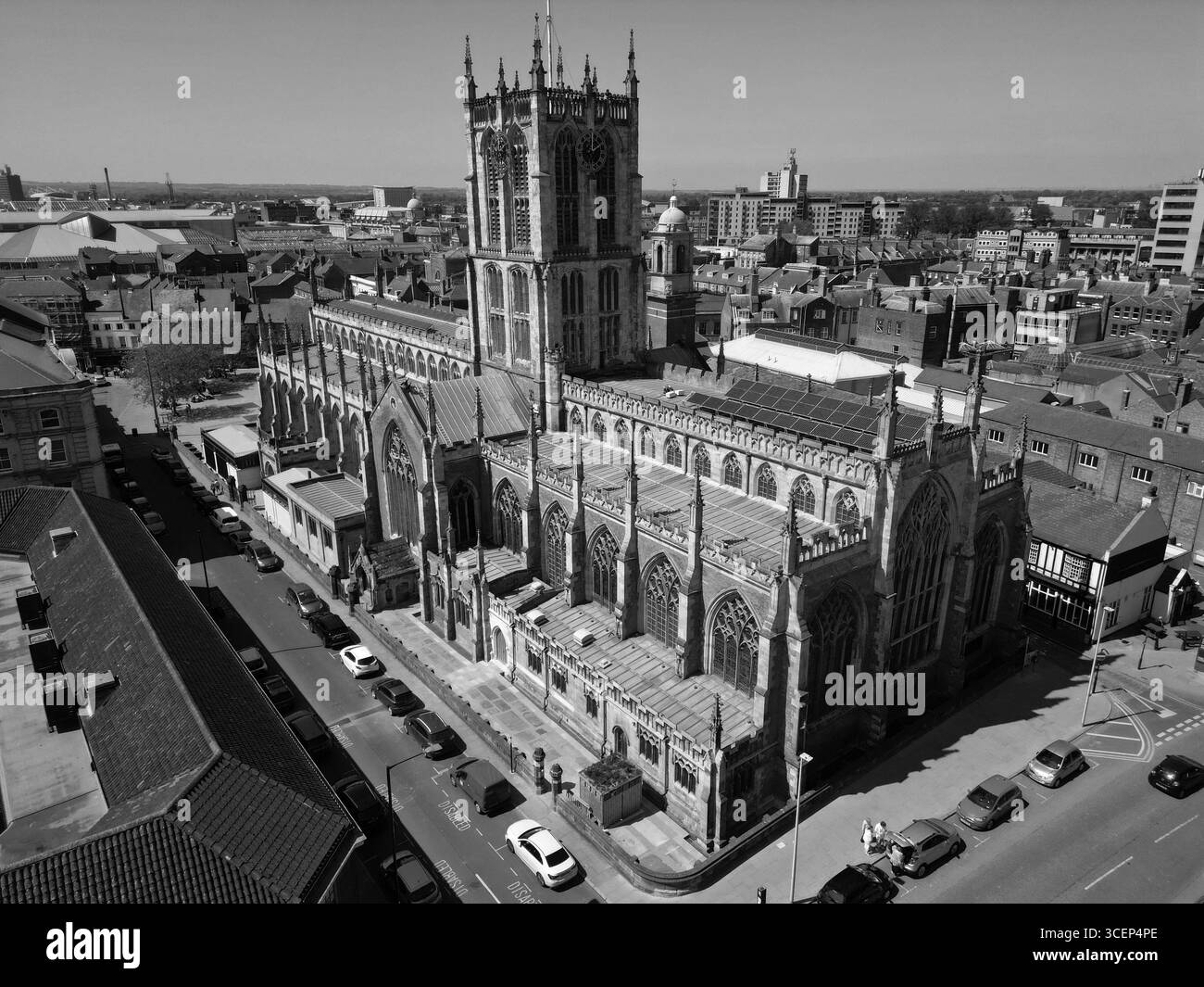 areal Views of Hull Minster ist eine anglikanische Kirche im Zentrum von Hull. Die Kirche hieß Holy Trinity Church. East Riding of Yorkshire, England Stockfoto