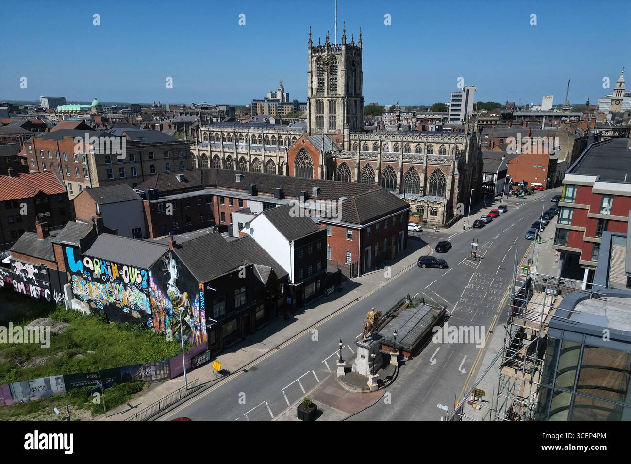 areal Views of Hull Minster ist eine anglikanische Kirche im Zentrum von Hull. Die Kirche hieß Holy Trinity Church. East Riding of Yorkshire, England Stockfoto
