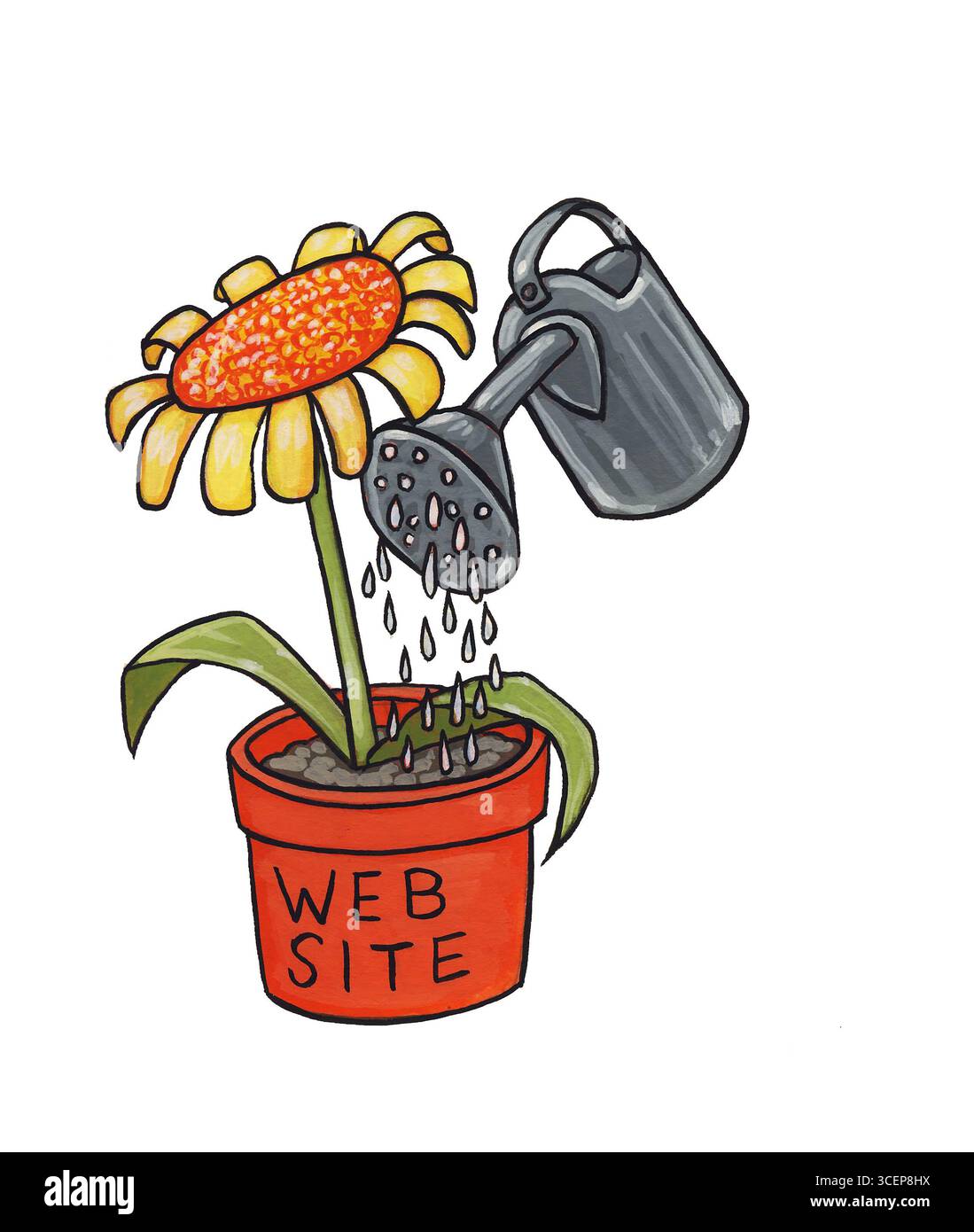 Kunstbewässerung kann eine Blume bewässern, eine mit Blumen beschriftete Website, wie Blumen Websites müssen sorgfältig gedeihen, sind optisch ansprechend, wachsen mit Pflege Stockfoto