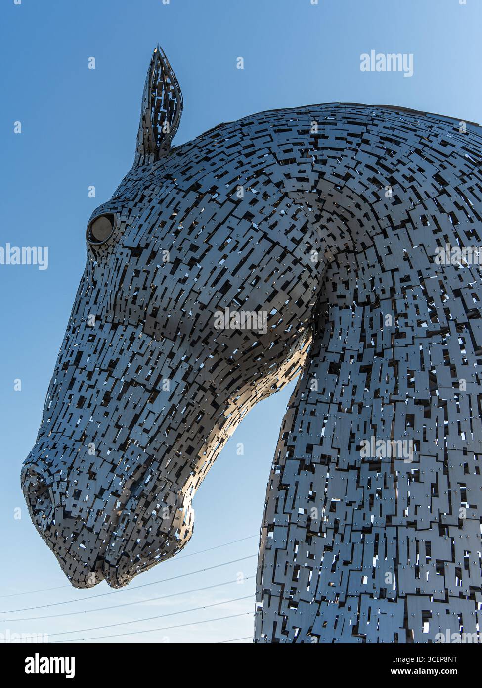 Falkirk, Vereinigtes Königreich - 17. August 2025: Blick auf die Kelpies, die im Sonnenlicht vor einem hellblauen Himmel schimmern, ein Zeugnis für die schottische Ingenieurskunst und künstlerische Vision. Stockfoto