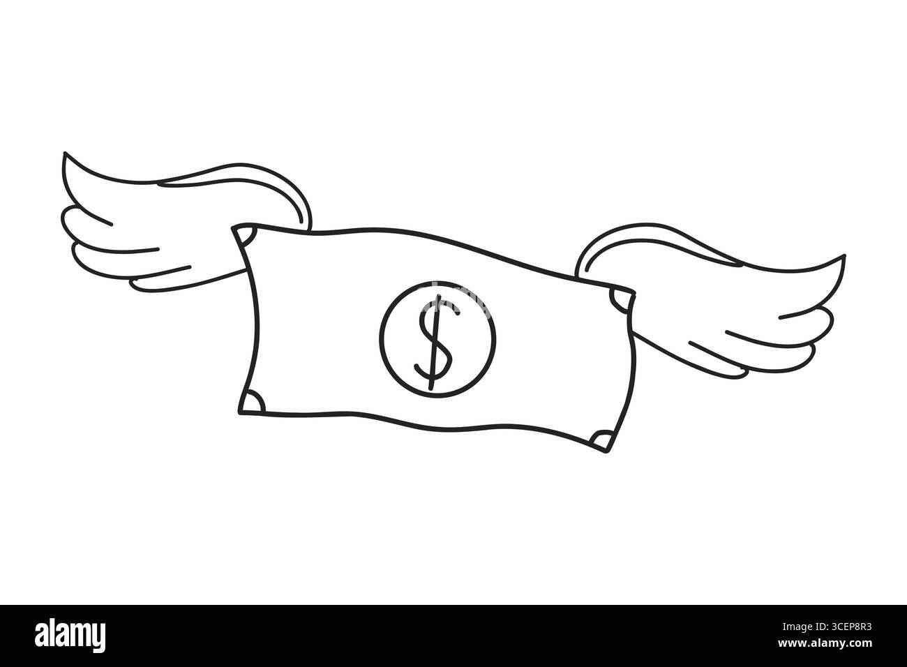 Fliegende Geldkritzelscheine mit handgezeichneten Flügeln. Dollarkritzelzeichen-Symbolsatz. Handgezeichnetes Dollar Line-Skizzengeld. Einfaches Gliedersymbol. Vektorabbildung Stock Vektor