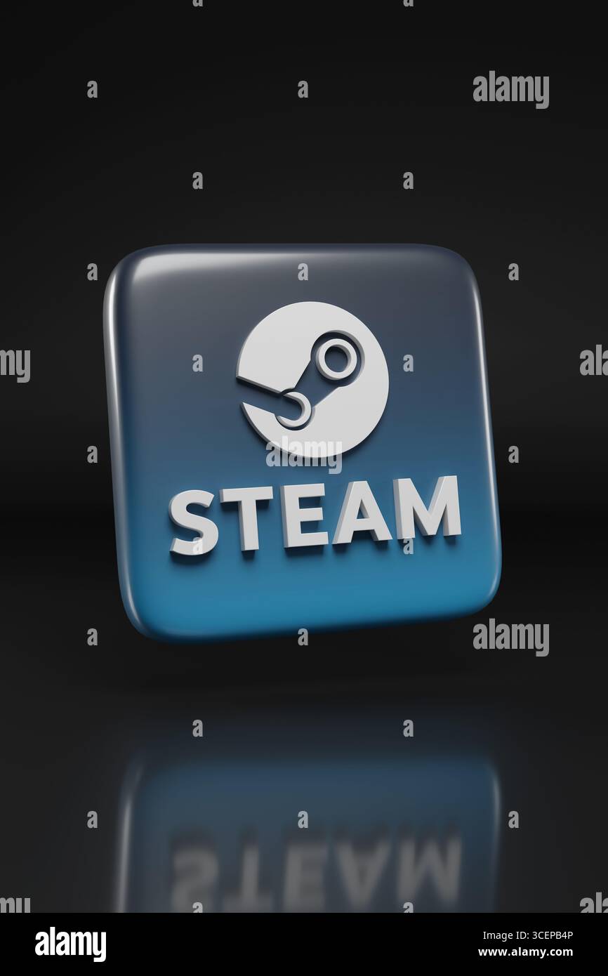 Buenos Aires, Argentinien; 11. August 2025: Dreidimensionales Dampflogo auf dunklem Hintergrund. Stockfoto