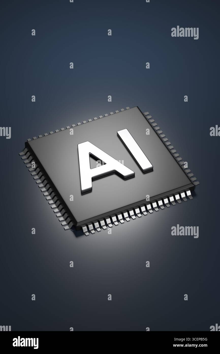 Computerchip mit dem Akronym AI. Das Konzept der künstlichen Intelligenz. 3D-Abbildung. Stockfoto