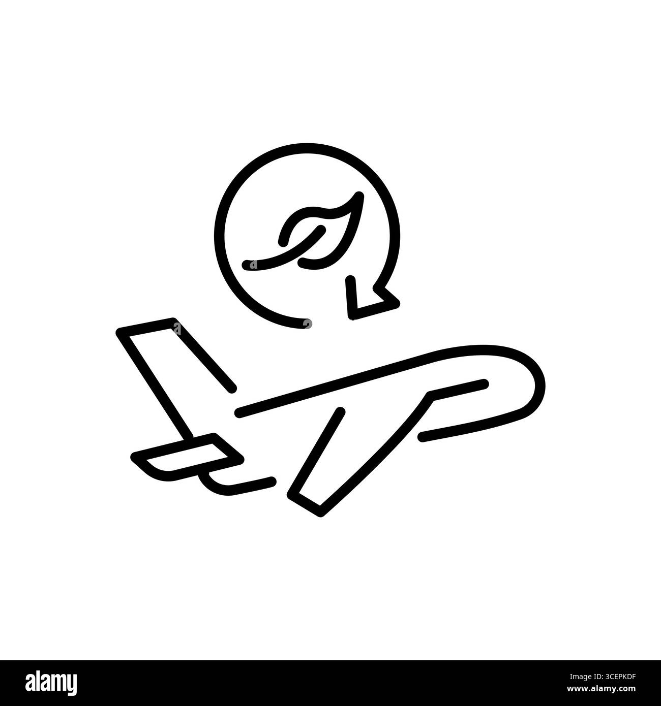 Flugzeug und Blatt im Recyclingpfeil. Umweltbewusstes Reisen, nachhaltige Praktiken. Alternative Energiequellen, geringe Abgasemissionen. Pixel Perfect VEC Stock Vektor