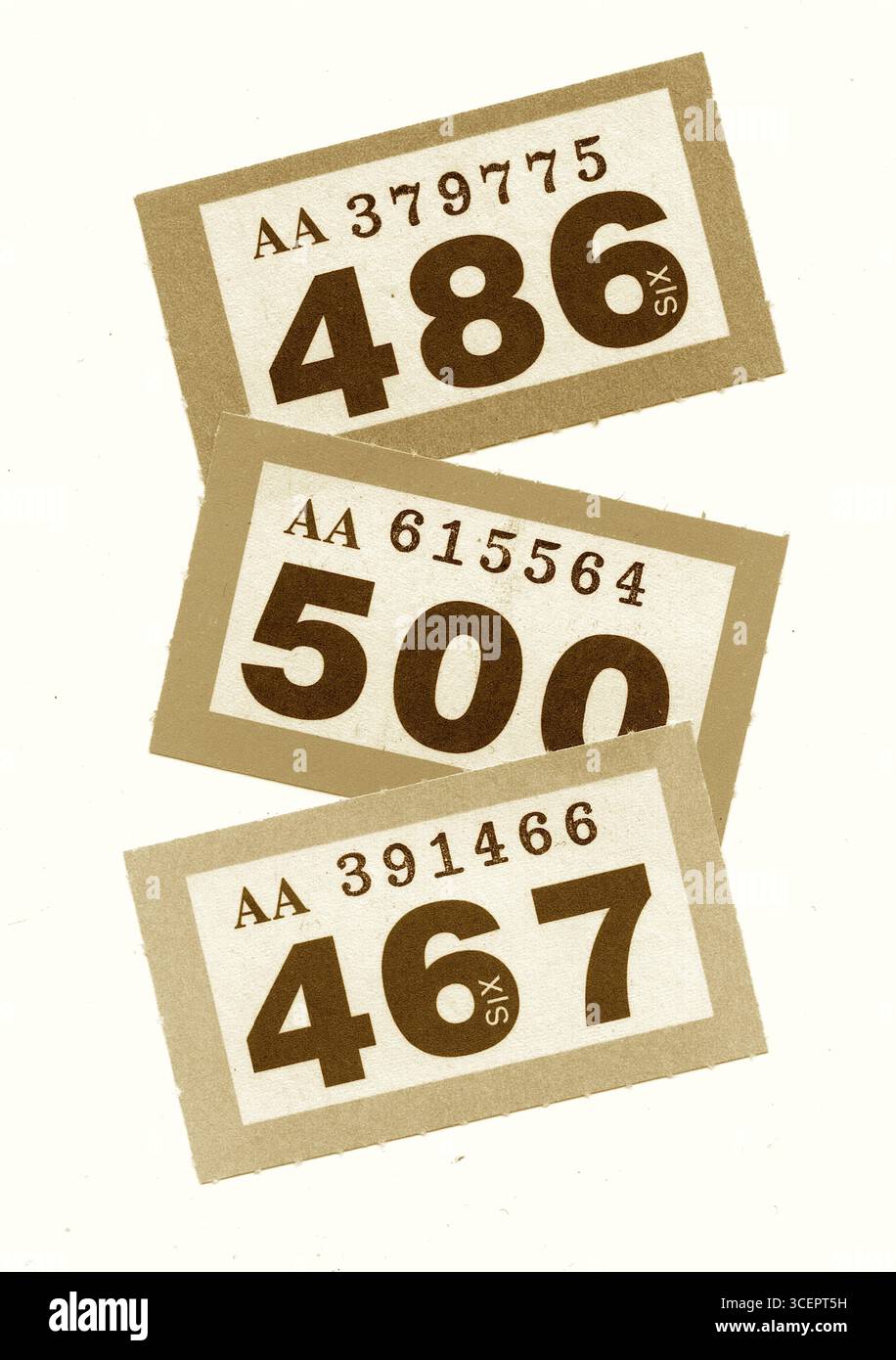 Eine Montage von Vintage-Verlosungskarten in Sepia auf weißem Hintergrund. Stockfoto