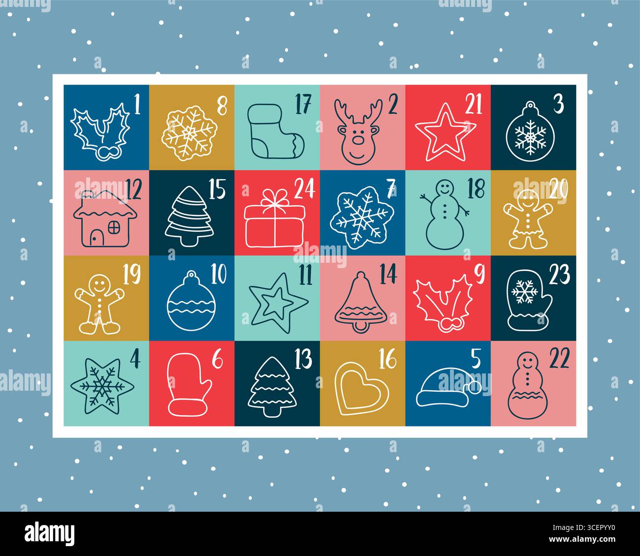 Bunter kindlicher Adventskalender 24 verschiedene Motive Vektor-Illustration Stock Vektor