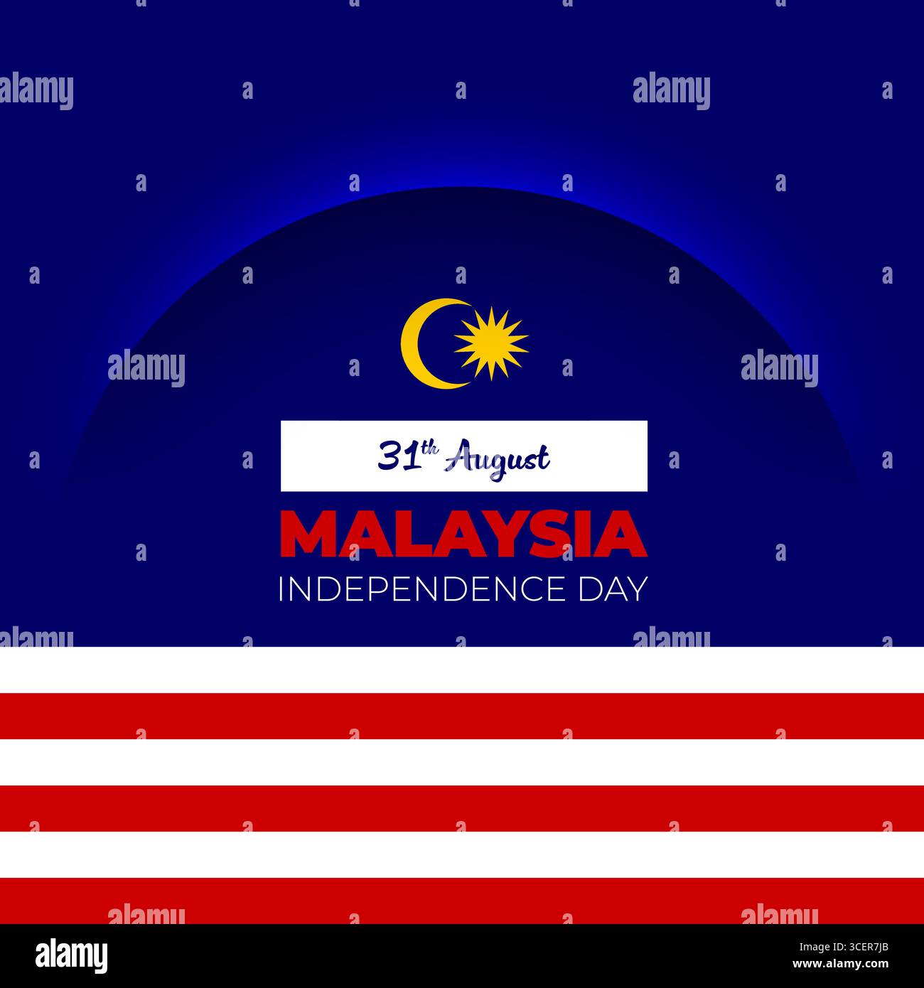 Quadratische Social-Media-Postvorlage für den Malaysia Unabhängigkeitstag mit blauem Hintergrund, roten weißen Streifen, Schattenlinie. Grafisches Banner für Vektor-Feiertage Stock Vektor