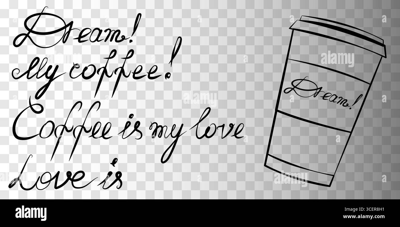 Die Vektor-Illustration zeigt eine einzigartige Kaffeetasse und einen künstlerischen Text, der die Liebe zum Kaffee ausdrückt. Das Design kombiniert verspielte Elemente mit minimalistischem Design Stock Vektor