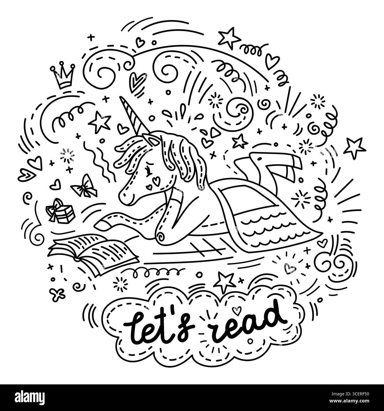 Niedliches Einhorn, das ein Buch liest. Humor und Schriftzug lassen uns lesen, Kritzelstil. Handgezeichneter Vektor, isolierte Illustration. Bei Aufklebern entwerfen Sie bitte Stock Vektor