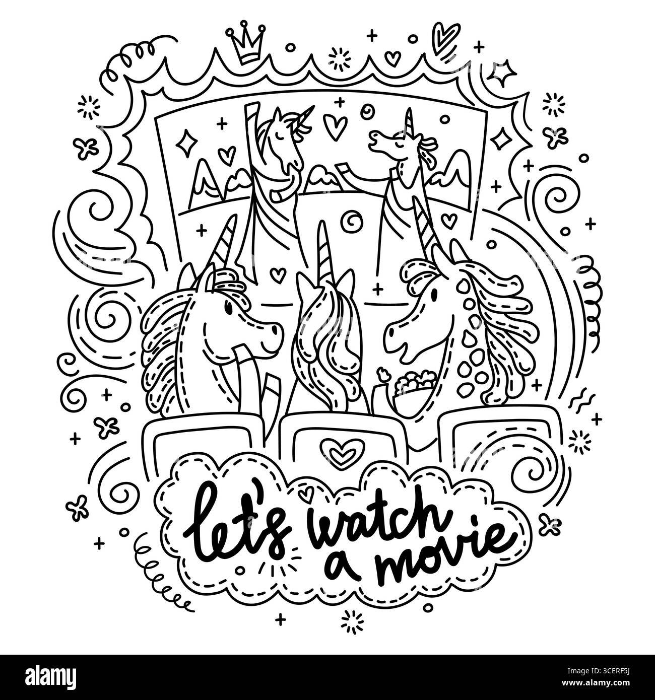 Lustige Einhörner, die sich einen Film ansehen. Humor und Schriftzug im Doodle-Stil. Handgezeichneter Vektor, isolierte Illustration. Für Aufkleber, Designkissen, Stock Vektor