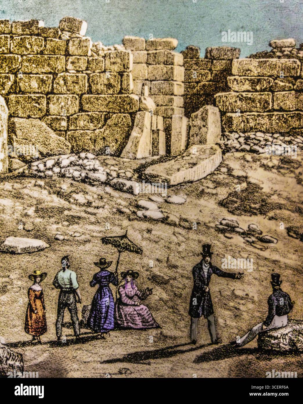 Historische Skizze der Entdeckung, Museum am megalithischen Ggantija-Tempel, etwa 5600 Jahre alt, eines der ältesten teilweise erhaltenen Gebäude in Stockfoto