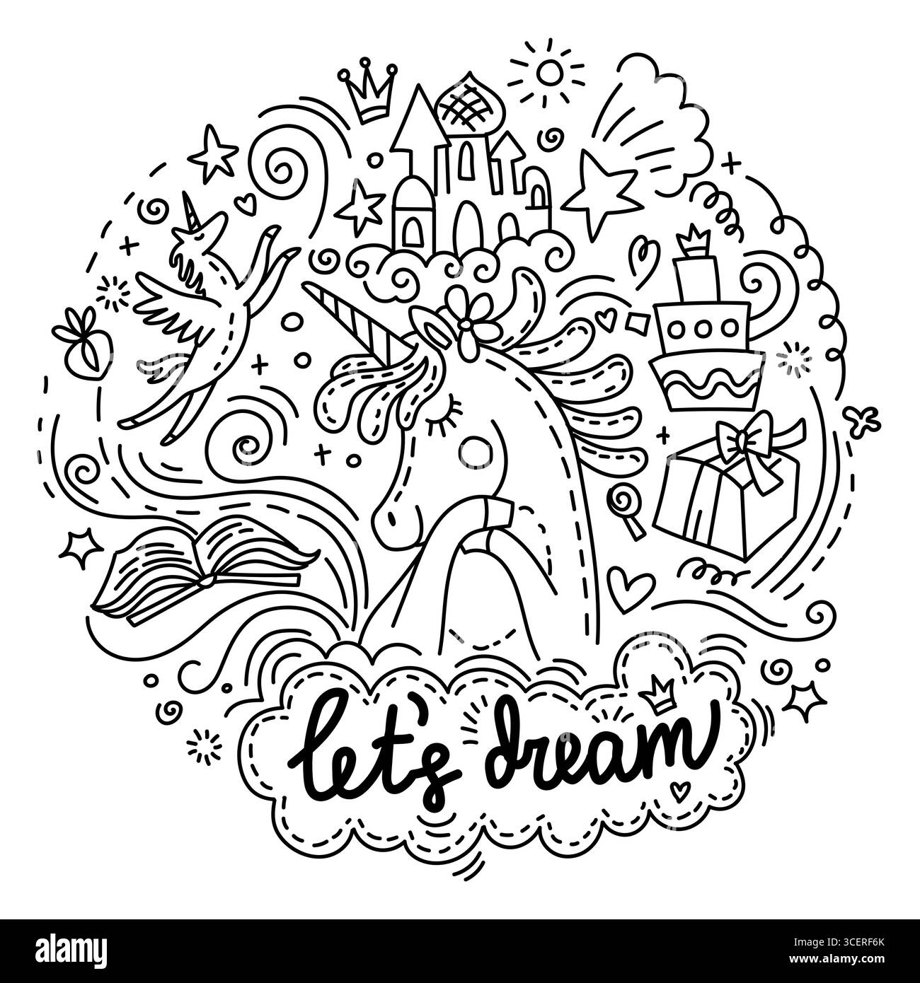 Süße Einhörner mit seinen Träumen. Humor und Schriftzug im Doodle-Stil. Handgezeichneter Vektor, isolierte Illustration. Für Aufkleber, Designkissen, c Stock Vektor