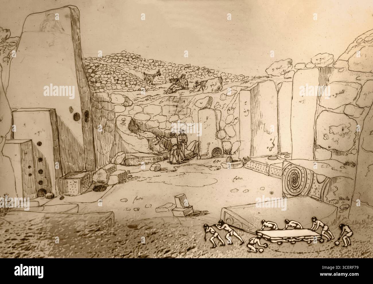 Historische Skizze der Entdeckung, Museum am megalithischen Ggantija-Tempel, etwa 5600 Jahre alt, eines der ältesten teilweise erhaltenen Gebäude in Stockfoto