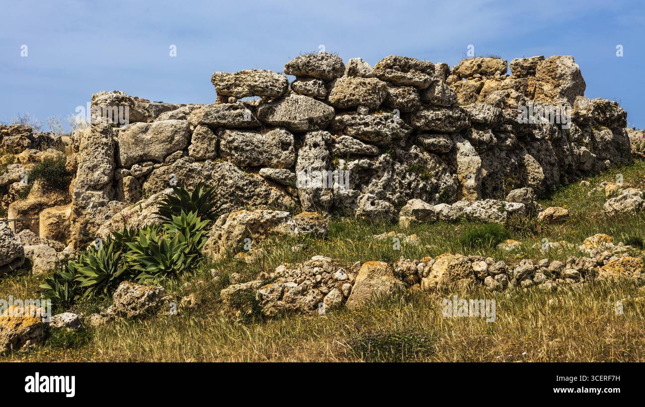 Der megalithische Ggantija-Tempel, etwa 5600 Jahre alt, besteht aus zwei aneinander angrenzenden Tempeln, fünf Apsiden, die wie Ahornblätter angeordnet sind, einer der ältesten Parolen Stockfoto