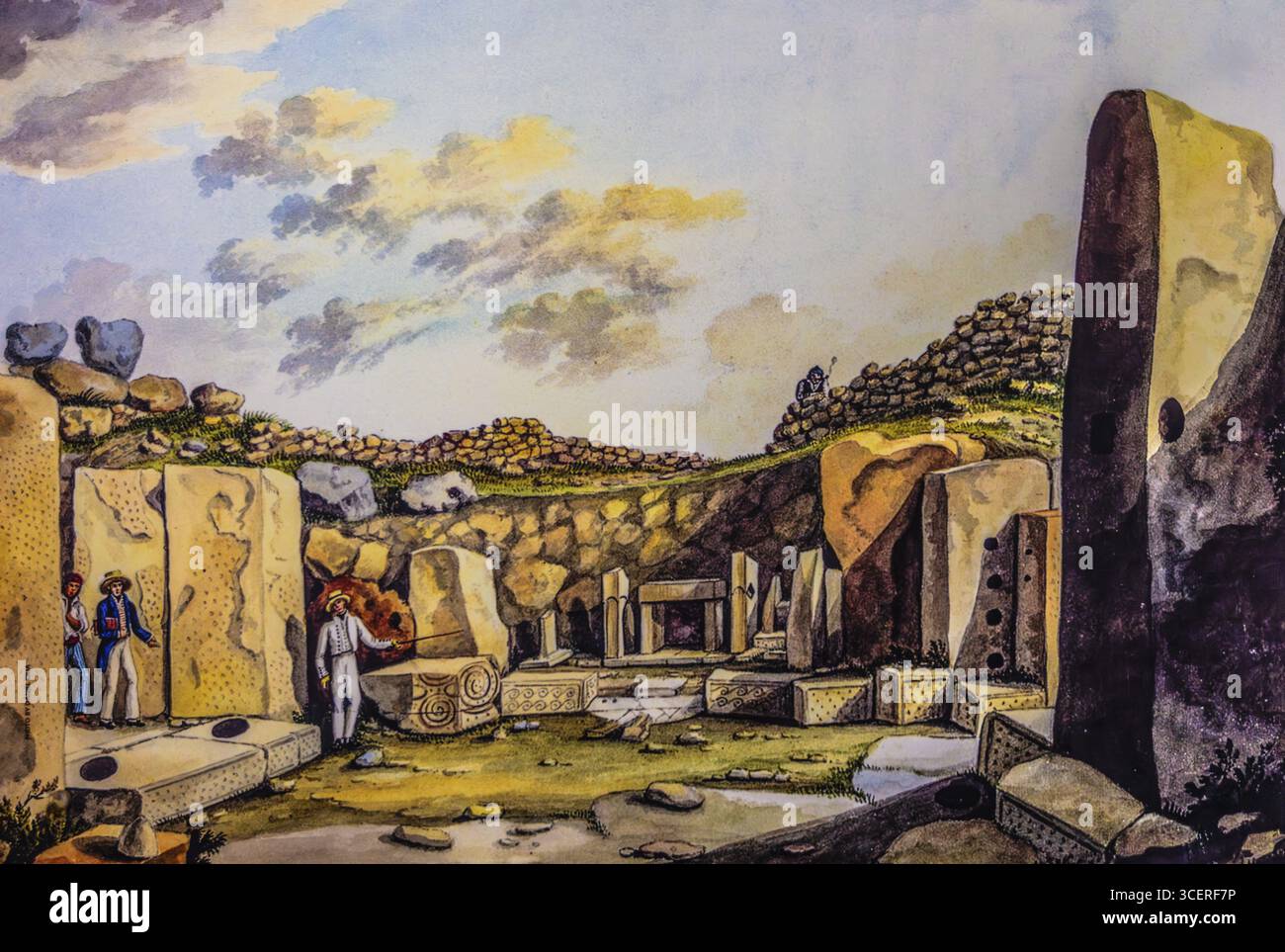 Historische Skizze der Entdeckung, Museum am megalithischen Ggantija-Tempel, etwa 5600 Jahre alt, eines der ältesten teilweise erhaltenen Gebäude in Stockfoto