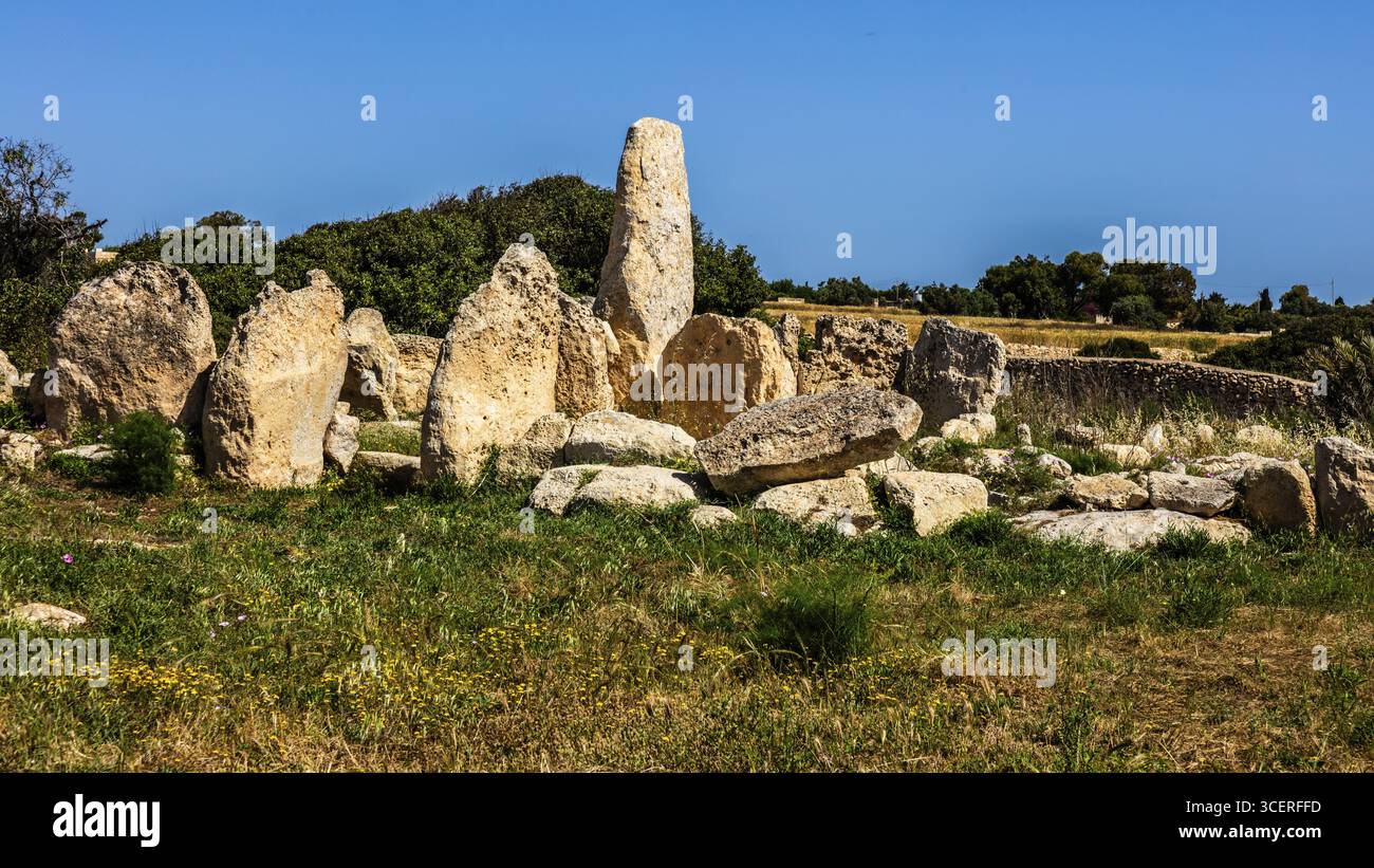 Steinbruch, megalithischer Hagar Qim Tempel mit insgesamt sechs großen Tempelräumen, 3600-2500 v. Chr., Qrendi, Malta Stockfoto