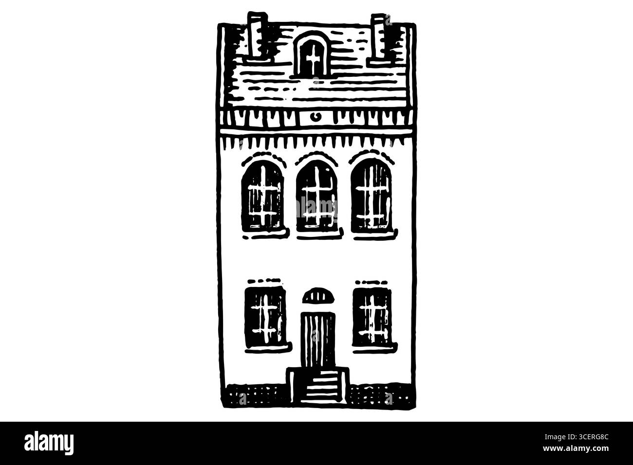 Amerikanisches oder europäisches Haus, französische Villa und Villa. Handgezeichnetes, graviertes Gebäude mit einem oder zwei Stockwerken. Symbol für Immobilien in Vorstädten Stock Vektor