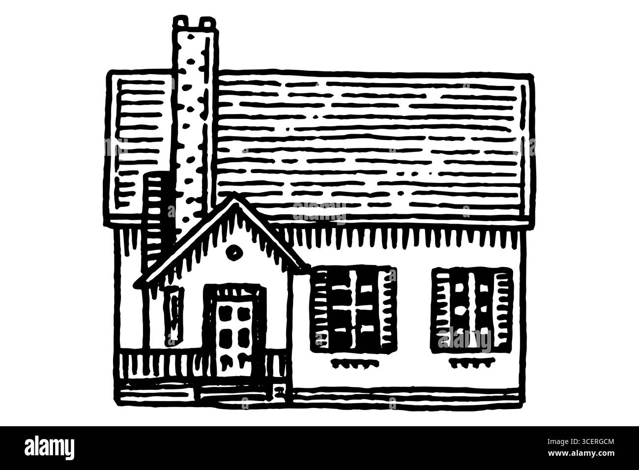 Amerikanisches oder europäisches Haus, französische Villa und Villa. Handgezeichnetes, graviertes Gebäude mit einem oder zwei Stockwerken. Symbol für Immobilien in Vorstädten Stock Vektor