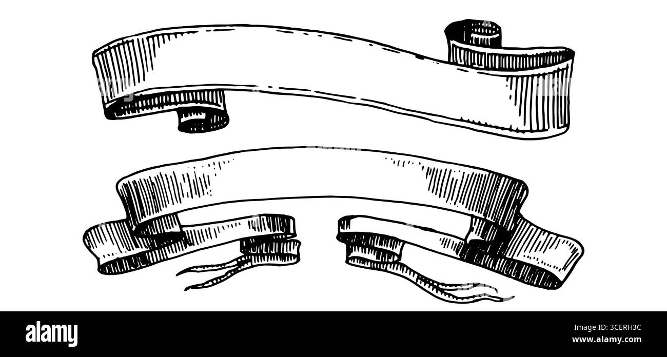 Set mit Scrollband-Bannern im Barocco-Stil. Handgezeichnete Gravur für Ihren Text in traditioneller Vintage-Technik. Für Hochzeit, Veranstaltungen, Geburtstag und Stock Vektor