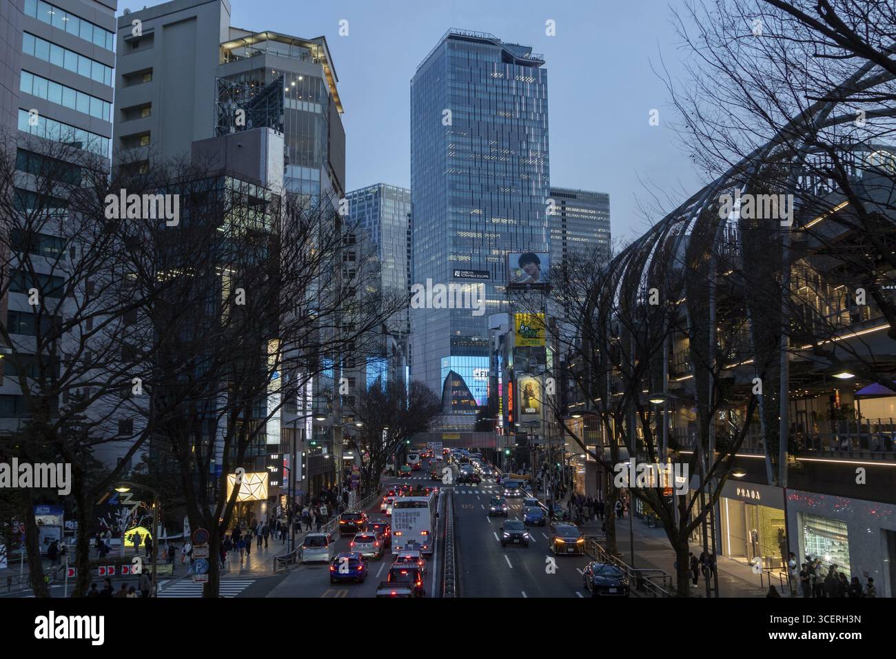 Blick auf die Stadt, moderne Architektur, Straßenverkehr in der Abenddämmerung, Wolkenkratzer Shibuya Scramble Square und Miyashita Park, Einkaufszentrum und Park in Shibuya Stockfoto