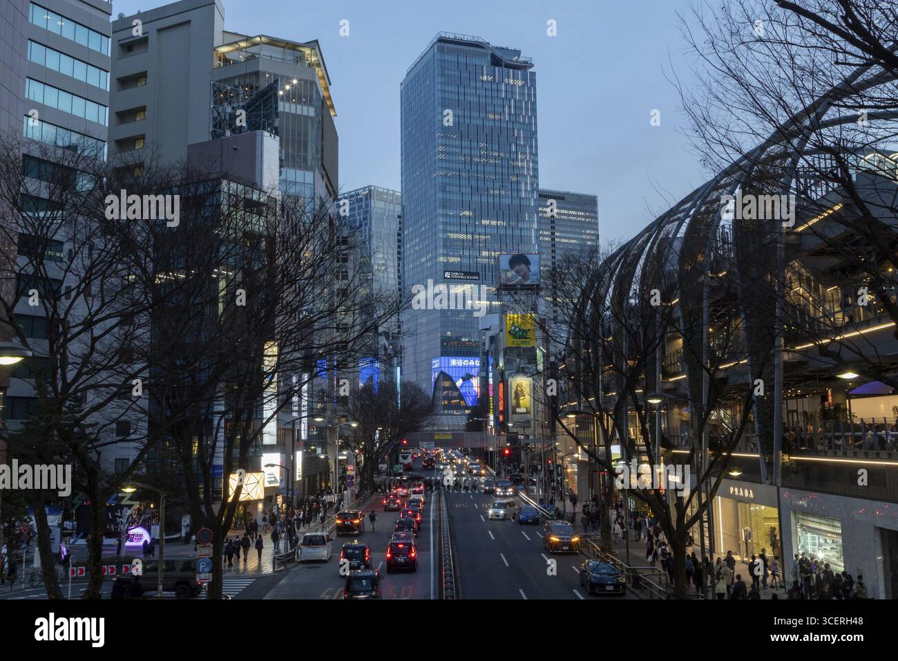 Blick auf die Stadt, moderne Architektur, Straßenverkehr in der Abenddämmerung, Wolkenkratzer Shibuya Scramble Square und Miyashita Park, Einkaufszentrum und Park in Shibuya Stockfoto