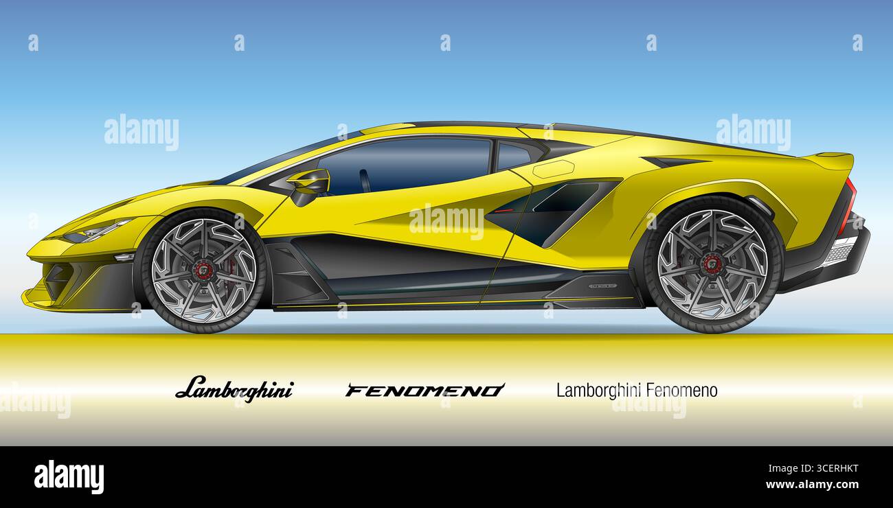 Italien, 15. august 2025, Lamborghini Fenomeno Special Edition Super Car, Zeichnung Silhouette Strichgrafik, farbige Illustration Stockfoto