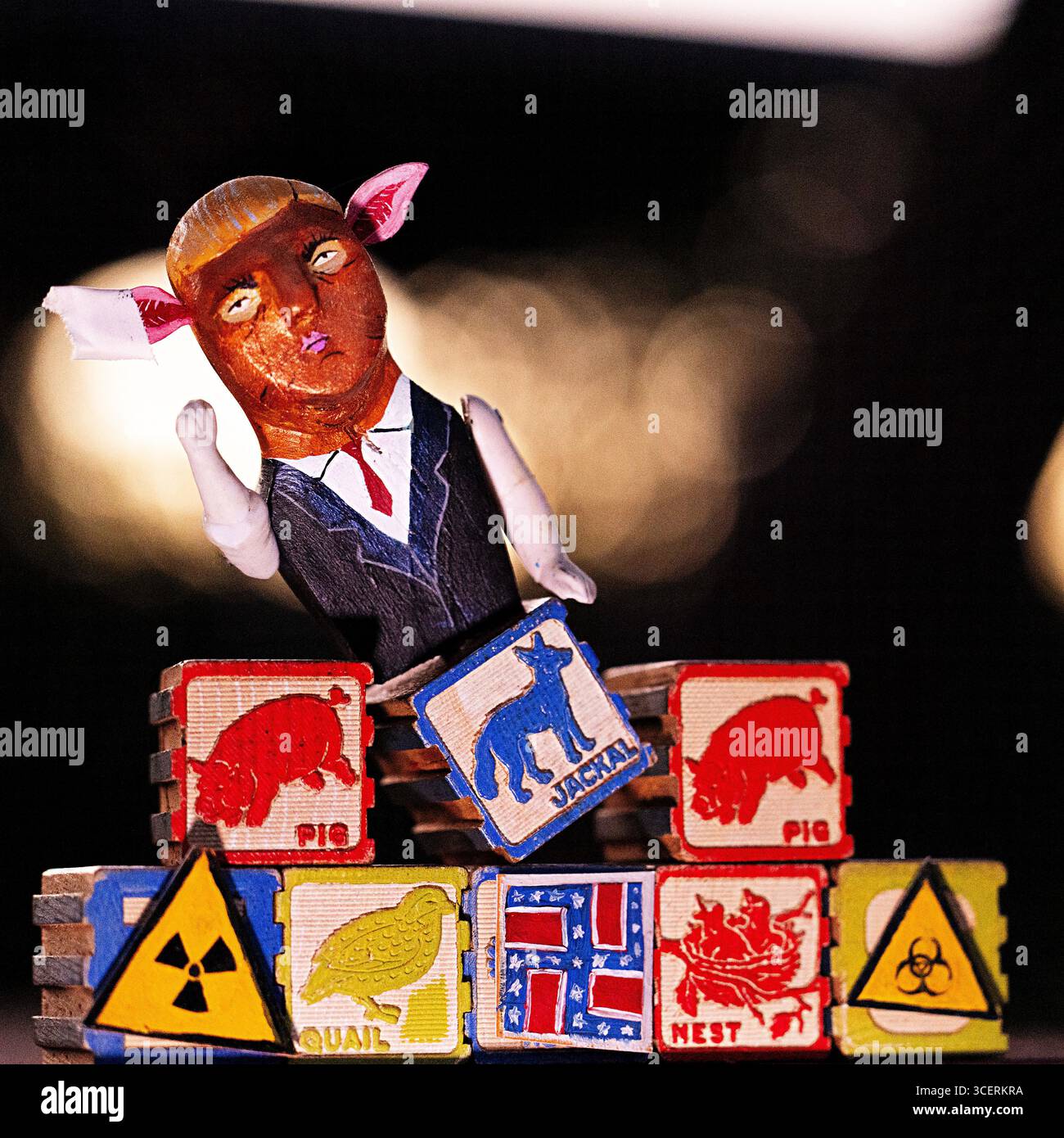 Trump Humpty Dumpty saß an einer Wand und nahm einen großen Fall ein, ein zeitloser Kinderreim, der uns an Fragilität, Wimmelei und Geschichten erinnert. Stockfoto