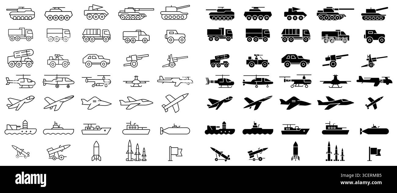 Eine Sammlung von Symbolen in schwarz-weiß-Linien, die verschiedene Militärfahrzeuge und Flugzeuge darstellen. Diese Grafik zeigt Tanks, LKWs, Flugzeuge und Shi Stock Vektor