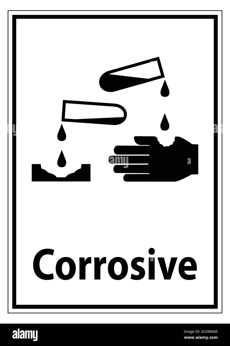 Eine klare Abbildung eines Schildes für korrosive Gefahren mit tropfenden Chemikalien und einer Hand. Dieses Bild betont die Sicherheitsvorkehrungen gegen giftige Substanzen Stock Vektor