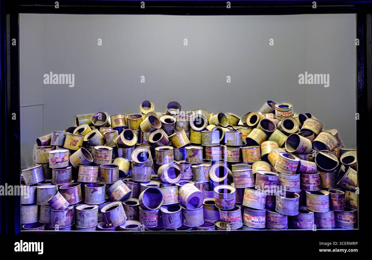 Eine düstere Ausstellung von Dosen Zyklon-B-Gas, die von den Nazis in den Gaskammern im Staatlichen Museum Auschwitz-Birkenau verwendet wurden. Stockfoto