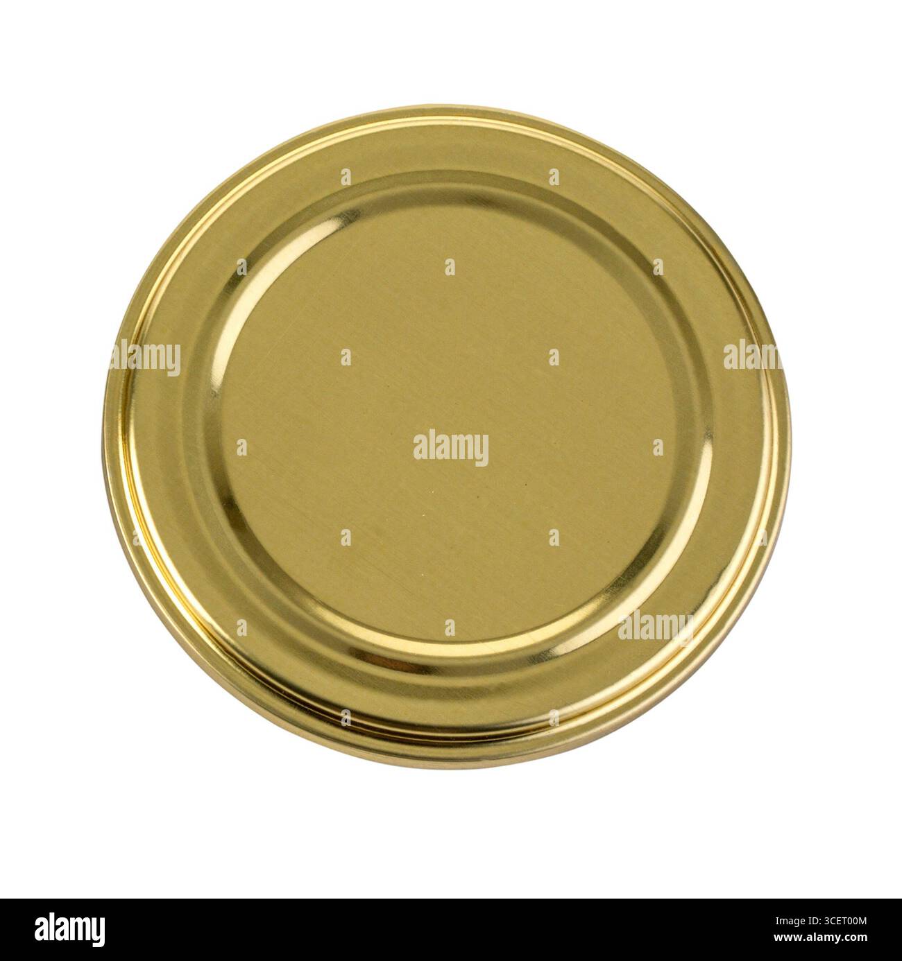 Goldener Metalldeckel isoliert auf transparentem Hintergrund, perfekt zum Verschließen von Gläsern und Konservieren von Lebensmitteln Stockfoto