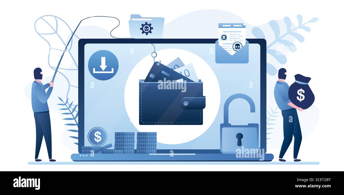 Hintergrund des Data Phishing-Konzepts. Online-Betrug, Malware und Passwort-Phishing. Laptop mit E-Geldbörse und Gruppe von Hackern in Maske Attack Computer. Inter Stock Vektor