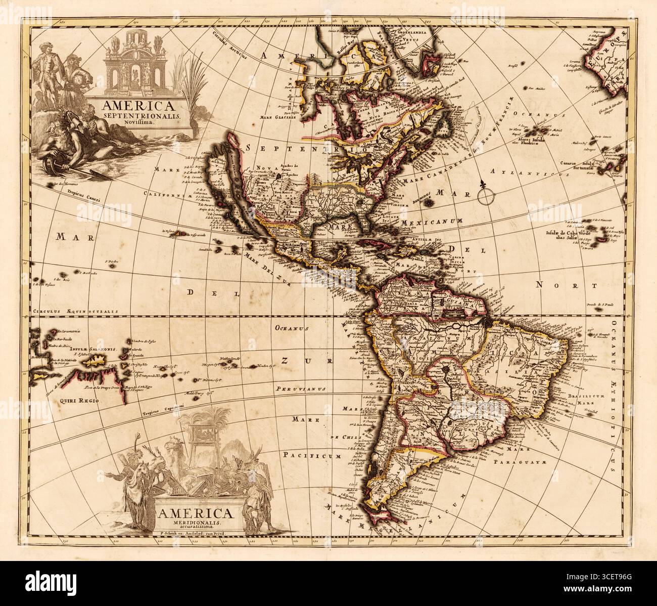Karte - America septentrionalis novissima ; America meridionalis exacatissima von Schenk Peter 1709 Stockfoto