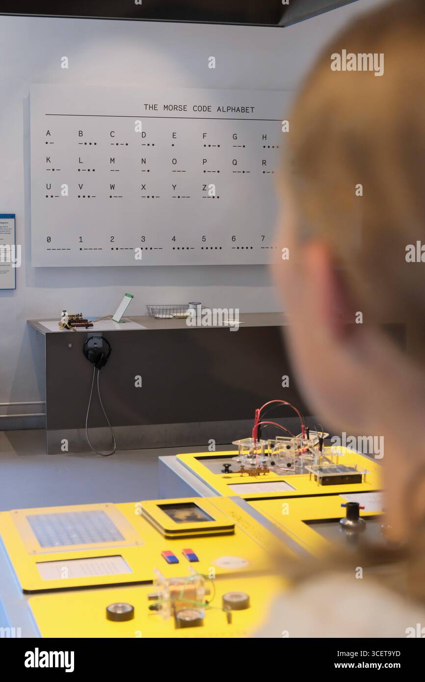 06 Aug 2025 - Cornwall, England, Großbritannien - das Morse Code Alphabet wird an einer Wand in einem Klassenzimmer in Großbritannien ausgestellt Stockfoto