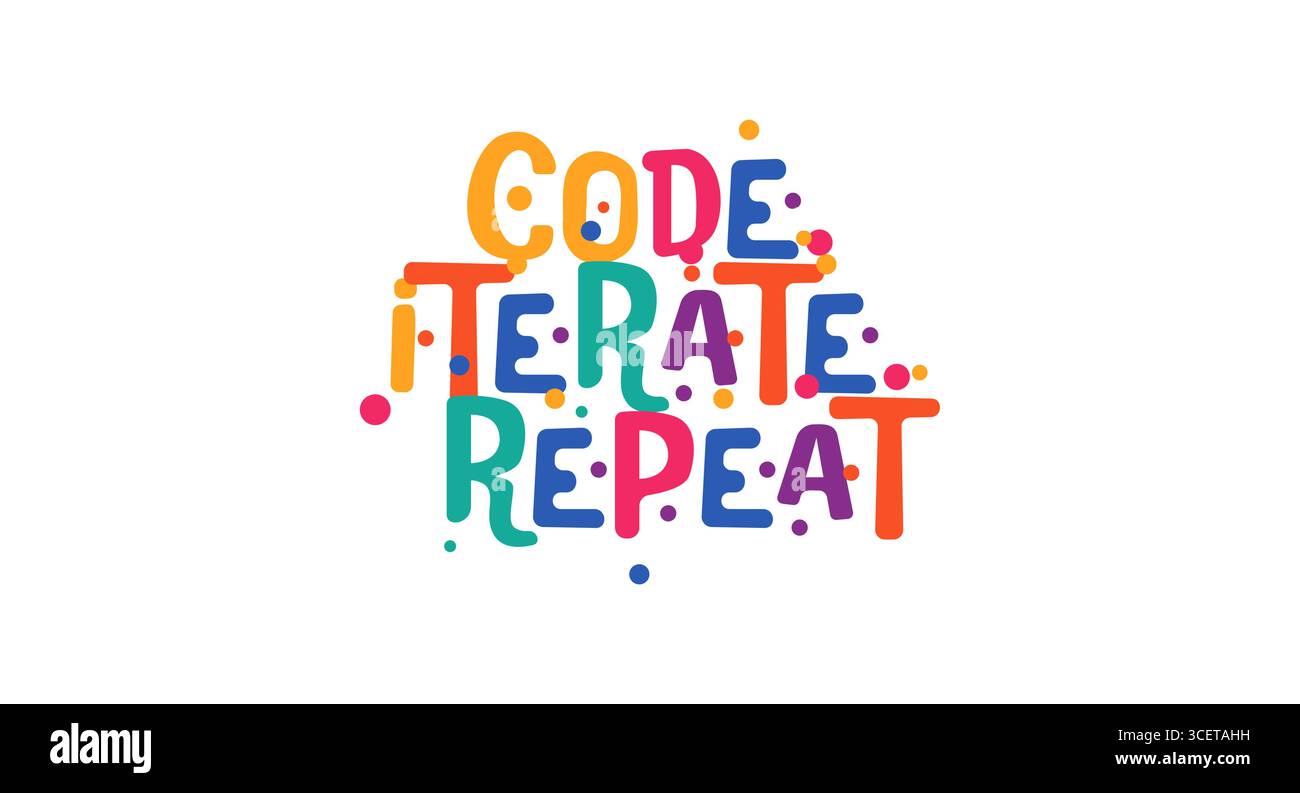 Wiederholen Sie Den Motivational Tech Loop-Satz Im Lebendigen Blasenstil. Lustige bunte Schriftzüge für Entwickler, Aufkleber, Swag, agile Poster, T Stock Vektor
