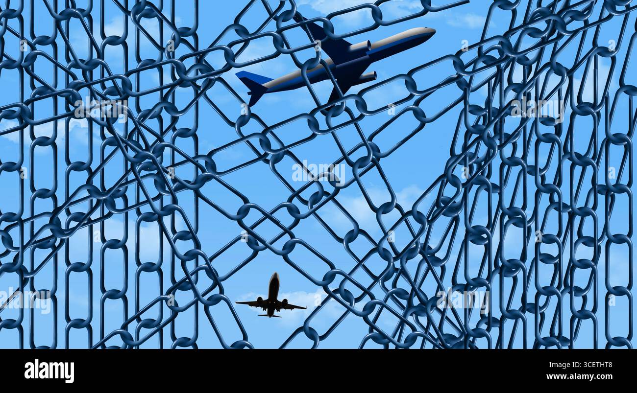 Reisebeschränkungen sind durch eine Wand aus Ketten und Flugzeugen dargestellt, die auf der anderen Seite der Ketten fliegen. Stockfoto