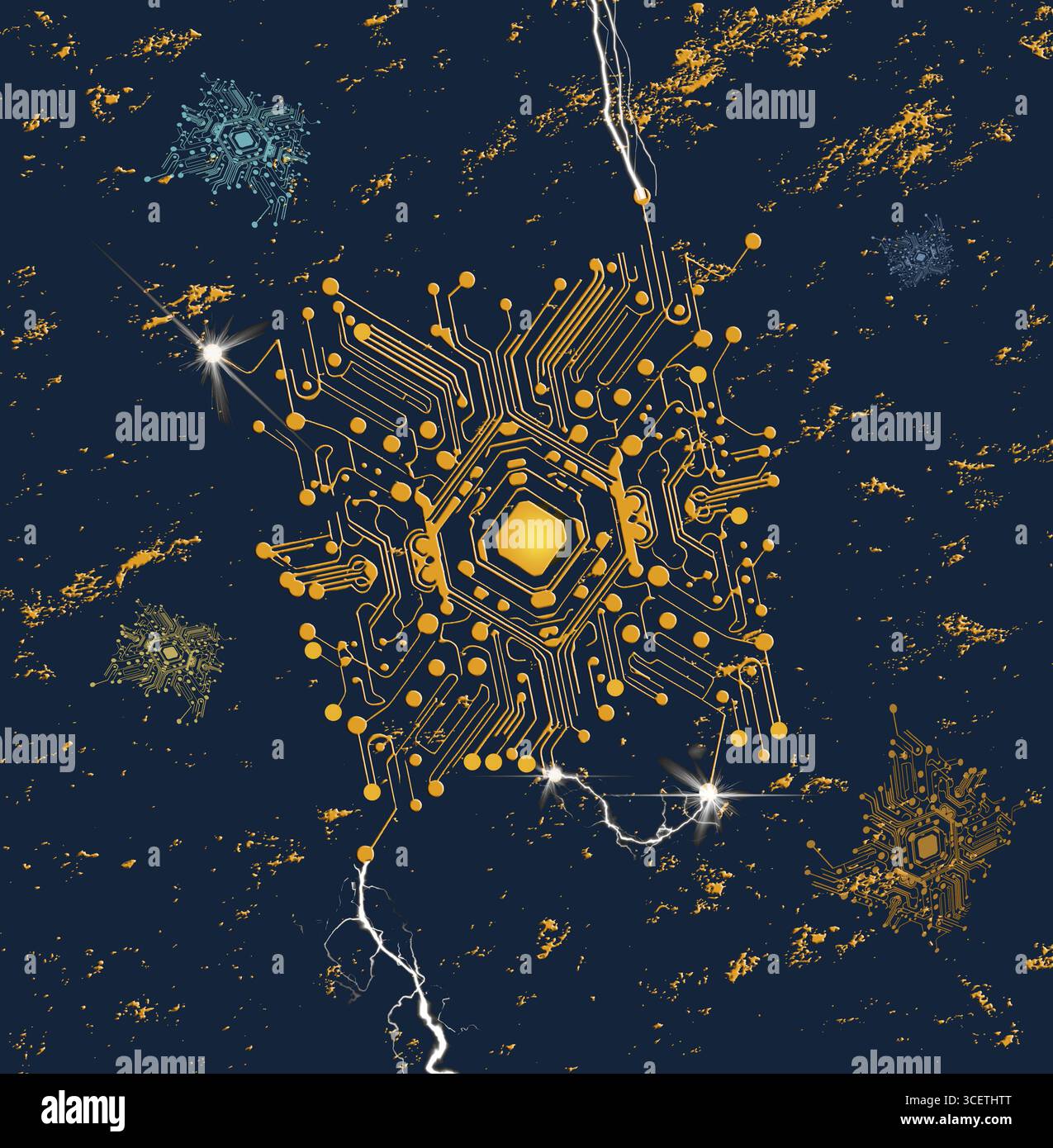 Eine moderne Computerplatine oder ein Computerchip funken mit Elektrizität auf einem gestörten Hintergrund. Stockfoto