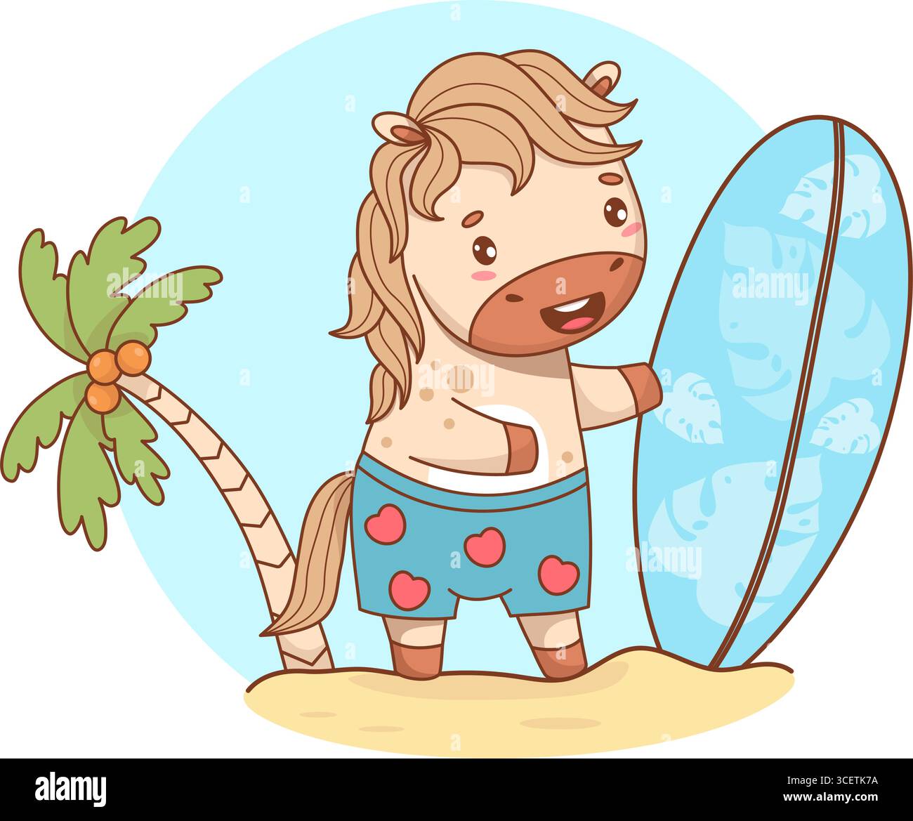 Niedlicher Sommer-Surfer mit Brett. Lustiger Tiercartoon Pony Kawaii Beachgoer Charakter auf Sandstrand mit Palme. Vektorabbildung. Kein Stock Vektor
